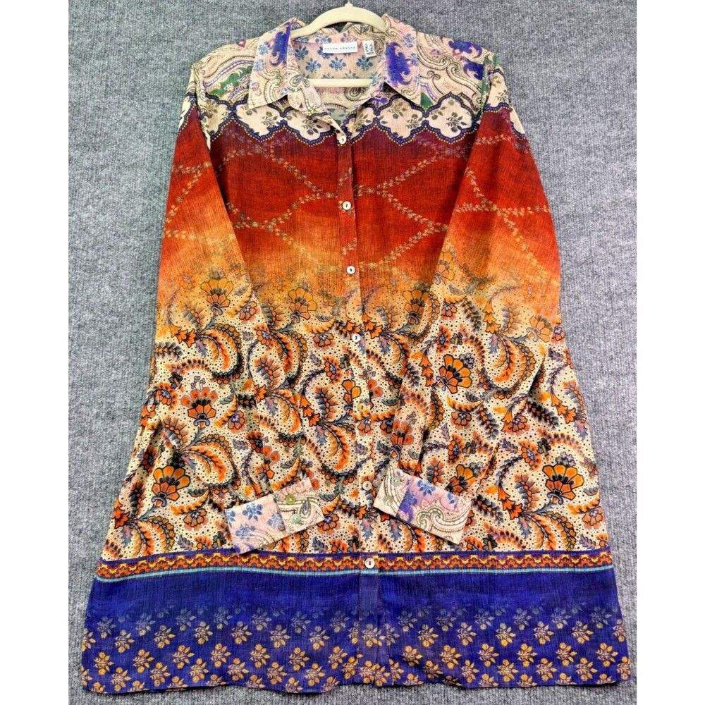 Susan Graver Button Front Tunic Top L Floral Paisley Print Long Sleeve Boho - Picture 2 of 15